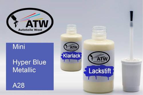 Mini, Hyper Blue Metallic, A28: 20ml Lackstift + 20ml Klarlack - Set, von ATW Autoteile West.